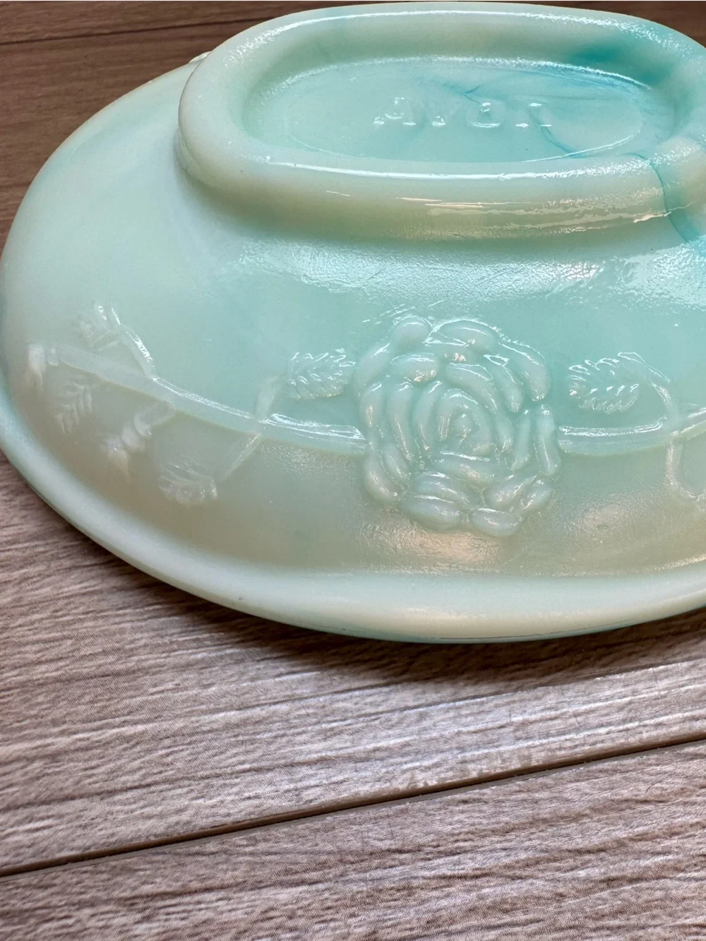 vintage 1970s Avon soap dish & bowl slag glass teal white jadeite-like finish